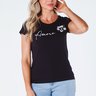 T-Shirt Baby Look Estampa Amore com Aplique de Flor Viscolycra Preta