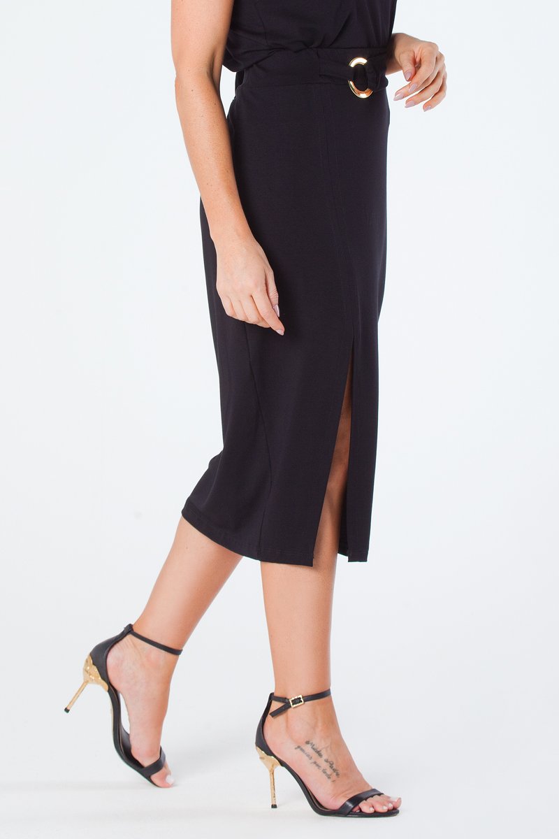 09 saia midi com fenda frontal cintura com elastico e cinto decorativo preto milena