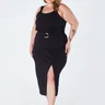 Saia Plus Size Midi com Fenda Frontal Cintura com Elástico e Cinto Decorativo Preto Verônica