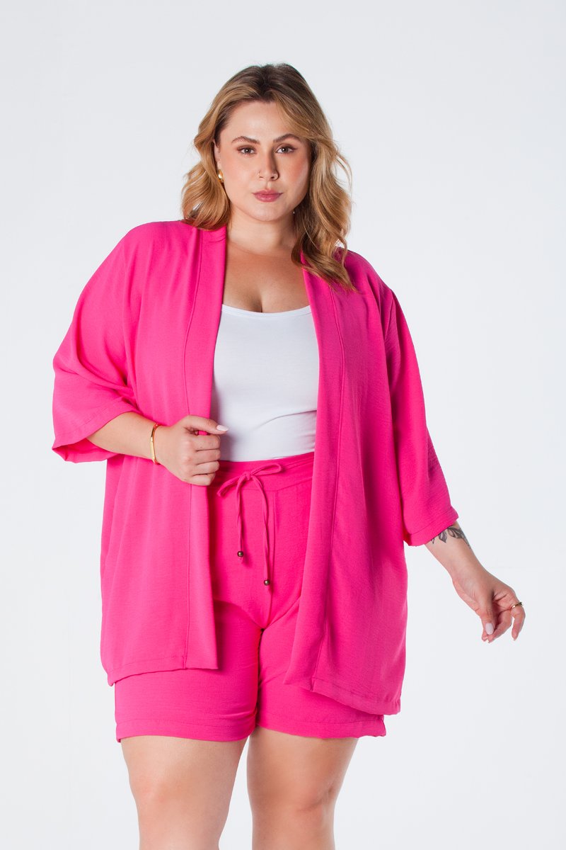 16 kimono plus size barra reta manga 3 4 crepe pink aline