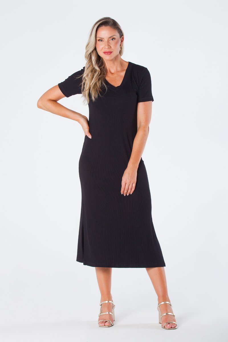 02 vestido midi gola v com manga e fendas laterias canelado preto teresa