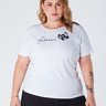 T-Shirt Baby Look Plus Size Estampa Amore com Aplique de Flor Viscolycra Branca