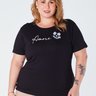 T-Shirt Baby Look Plus Size Estampa Amore com Aplique de Flor Viscolycra Preta