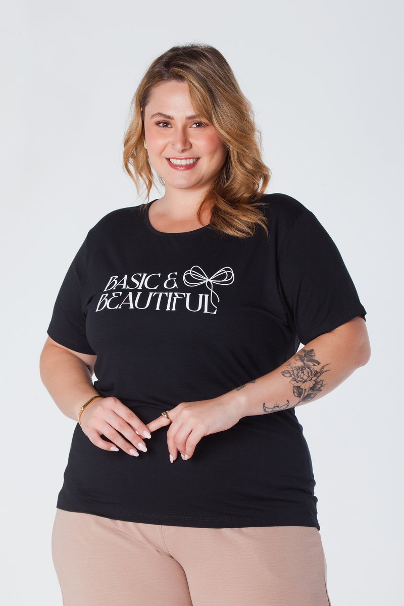 T-Shirt Baby Look Plus Size Estampa Basic and Beautiful Viscolycra