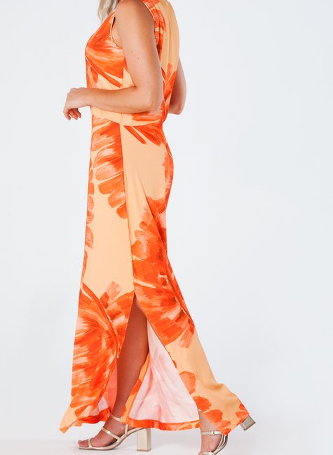 01 vestido longo sem manga com fendas laterais e estampa digital viscose acetinada miranda