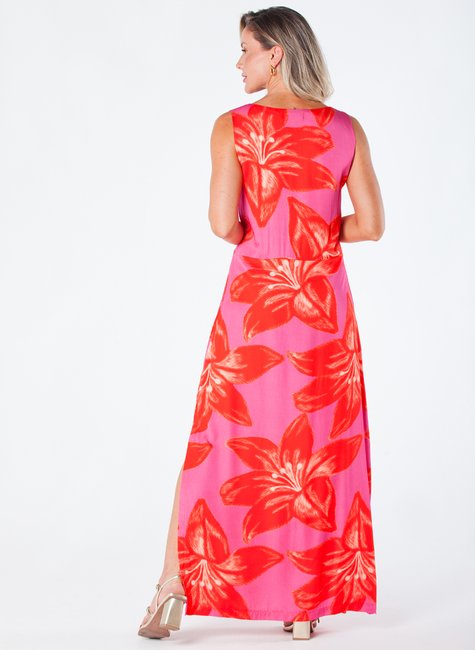 11 vestido longo sem manga com fendas laterais e estampa digital viscose acetinada miranda