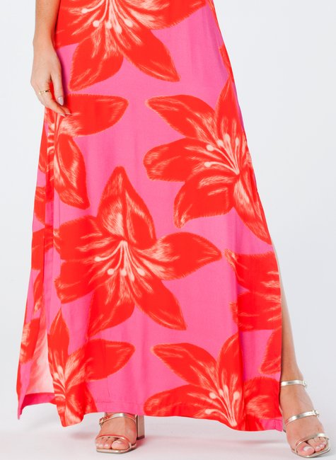13 vestido longo sem manga com fendas laterais e estampa digital viscose acetinada miranda