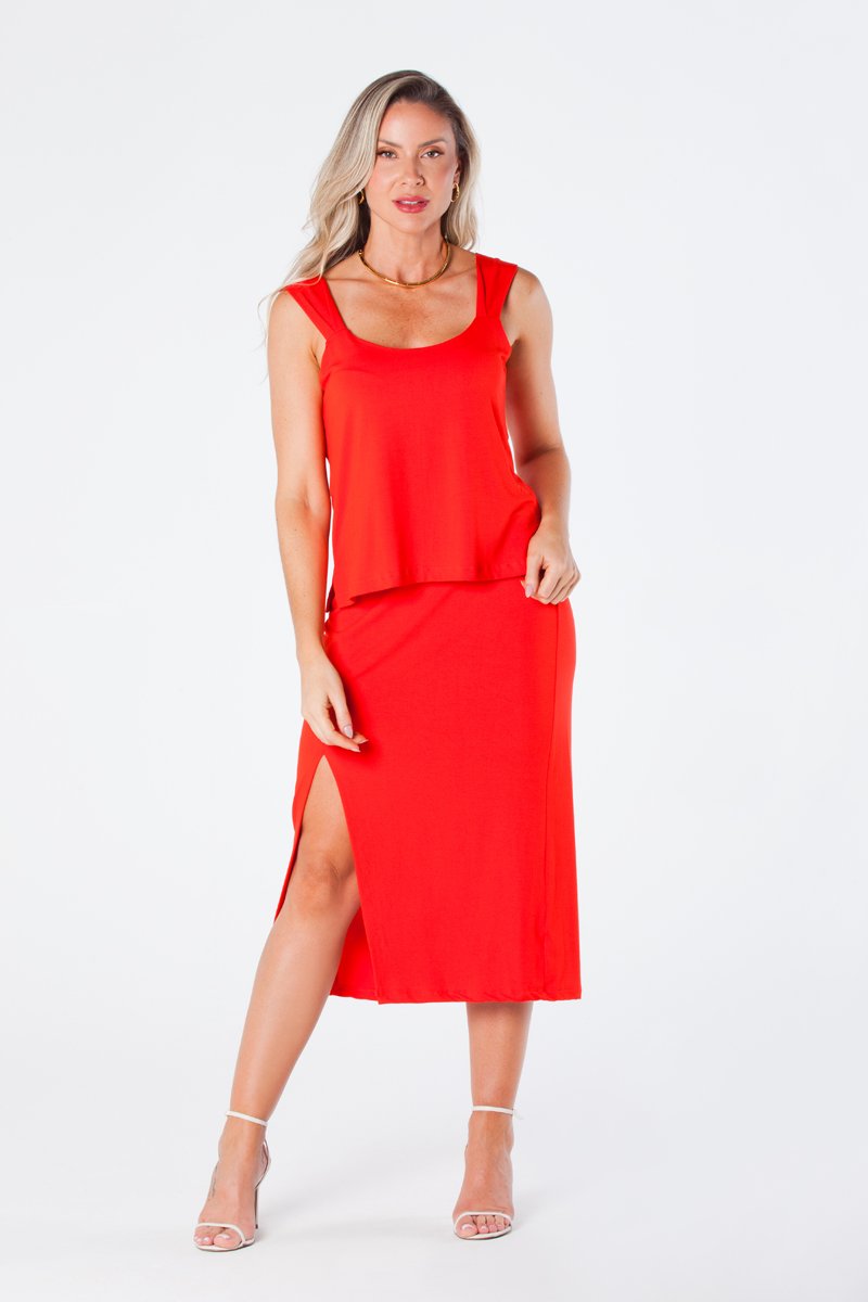 01 saia midi com fenda frontal cintura com elastico e cinto decorativo vermelha milena