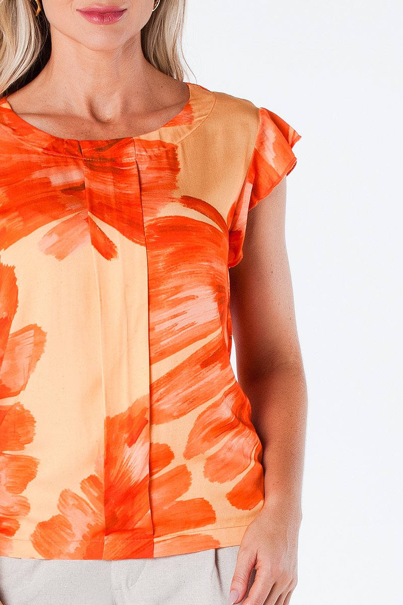 01 blusa viscose acetinada estampada gola redonda e manga de babado vera