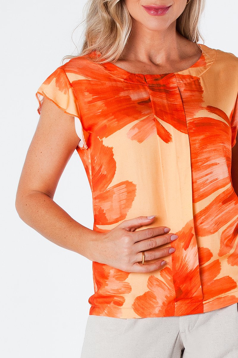 02 blusa viscose acetinada estampada gola redonda e manga de babado vera