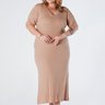 Vestido Plus Size com Manga e Gola V Canelado Bege Alessia