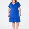 Vestido Curto Plus Size com Decote V Manga Ampla e Barra de Babado Azul Luna