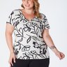 Blusa Plus Size Decote V com Manga -Estampa Digital Fundo Off White Rebeca