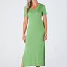 Vestido Midi Gola V com Manga e Fendas Laterias Canelado Verde Teresa