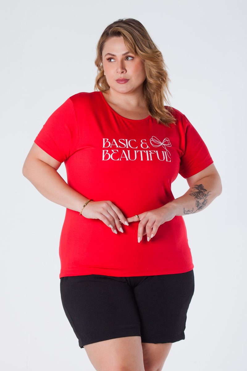 T-Shirt Baby Look Plus Size Estampa Basic and Beautiful Viscolycra