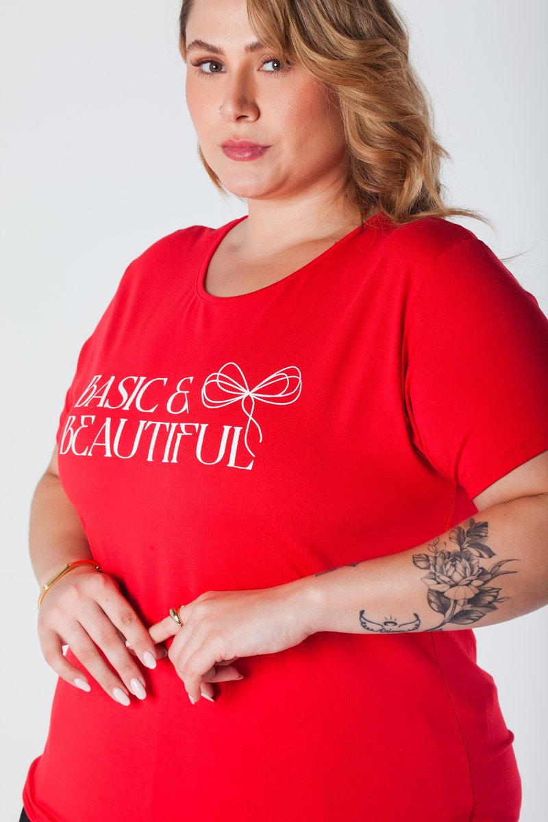 T-Shirt Baby Look Plus Size Estampa Basic and Beautiful Viscolycra