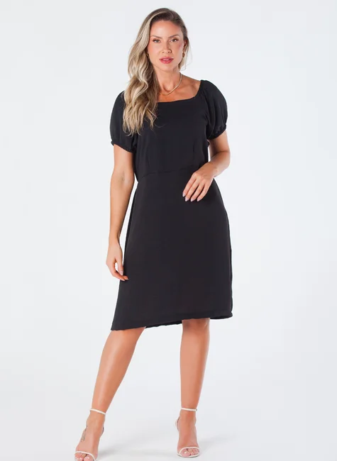 Vestido Curto Decote Quadrado Manga com Elástico e Cintura com Elástico  Traseiro Preto Caterina