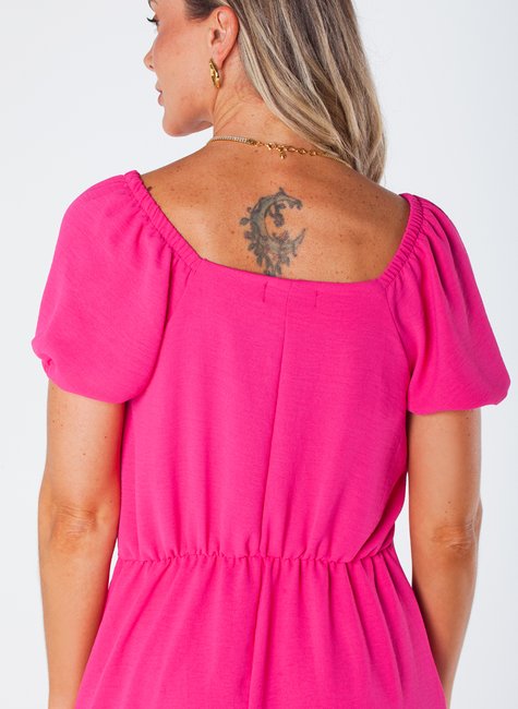 Vestido Curto Decote Quadrado Manga com Elástico e Cintura com Elástico  Traseiro Pink Caterina
