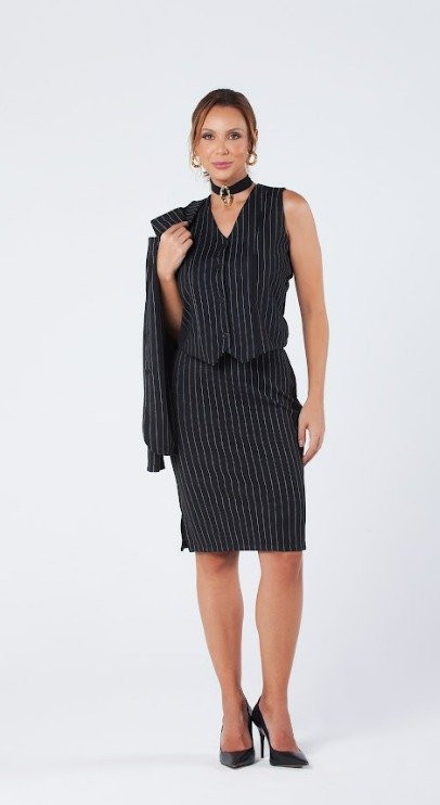 02 colete risca de giz com botoes funcionais poliester preto zana