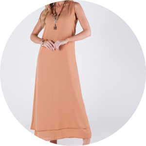 01 vestido longo sem mangas decote v forrado ocre stella