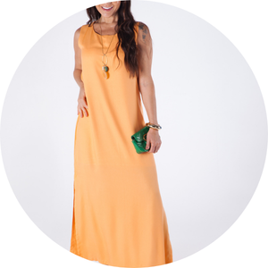 11 vestido longo sem mangas fendas laterais abertura nas costas com botao laranja livy